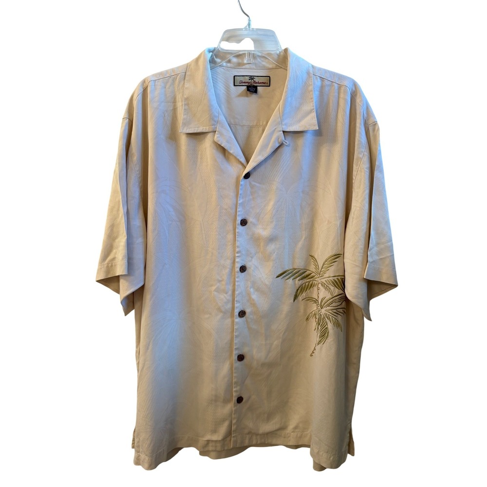 Tommy Bahama Mens XL Silk Camp Shirt Cream Embroidered Palm Tree‎ Button Up XL